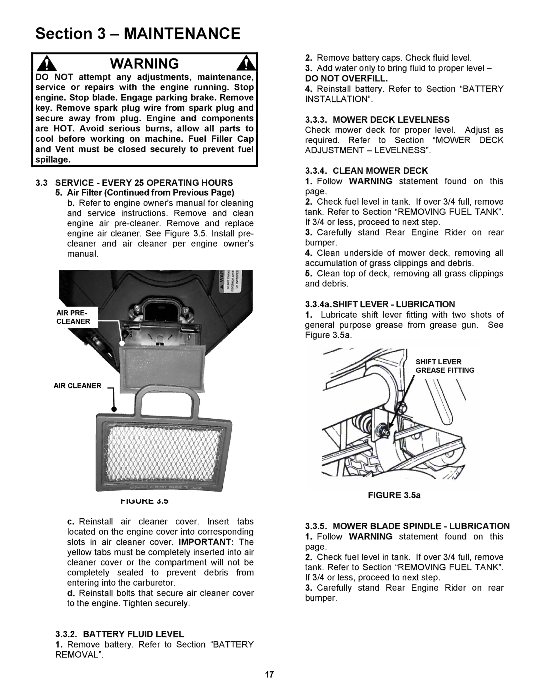 Snapper 421823BVE, 422023BVE Battery Fluid Level, Do not Overfill, Mower Deck Levelness, Clean Mower Deck 