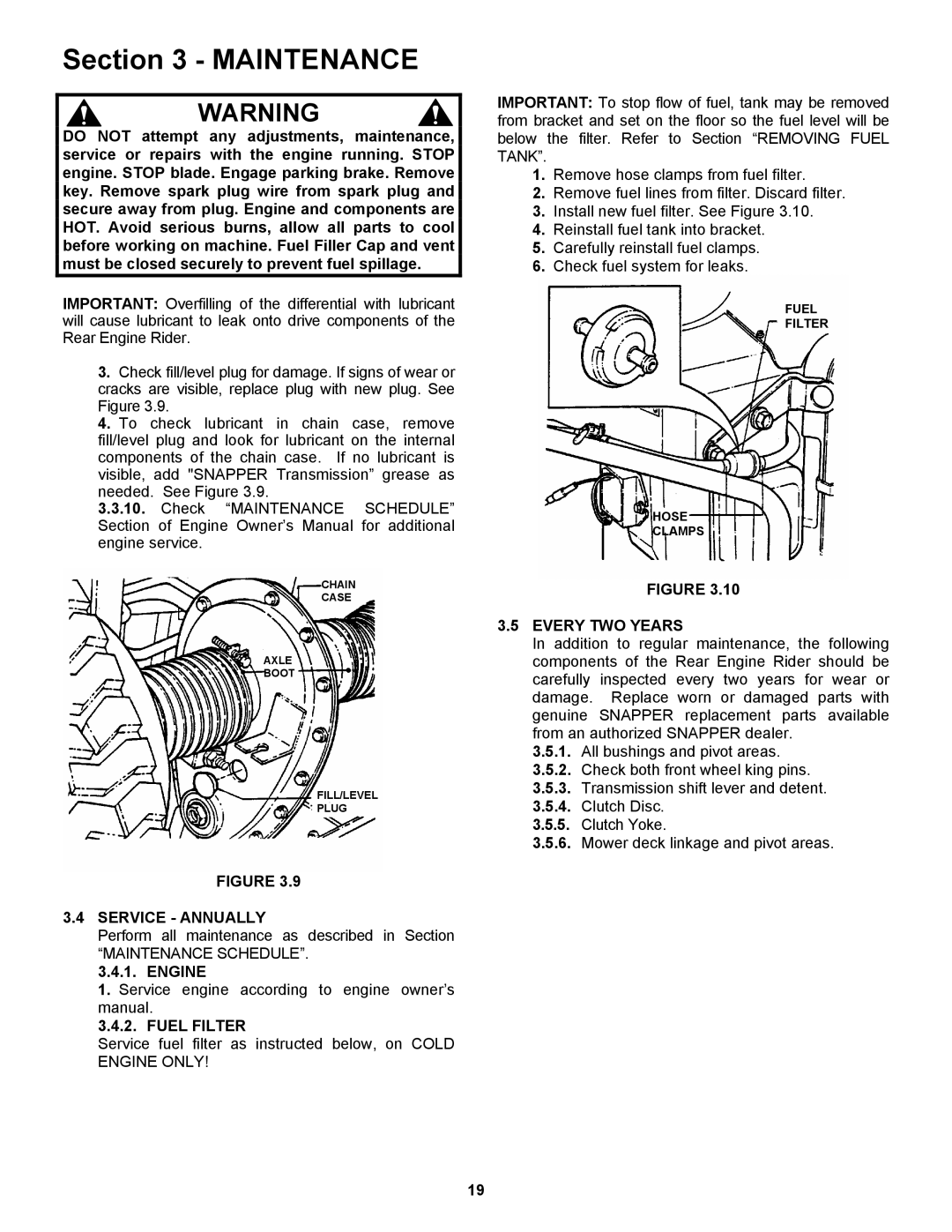 Snapper 421823BVE, 422023BVE important safety instructions Service Annually, Engine, Fuel Filter, Every TWO Years 