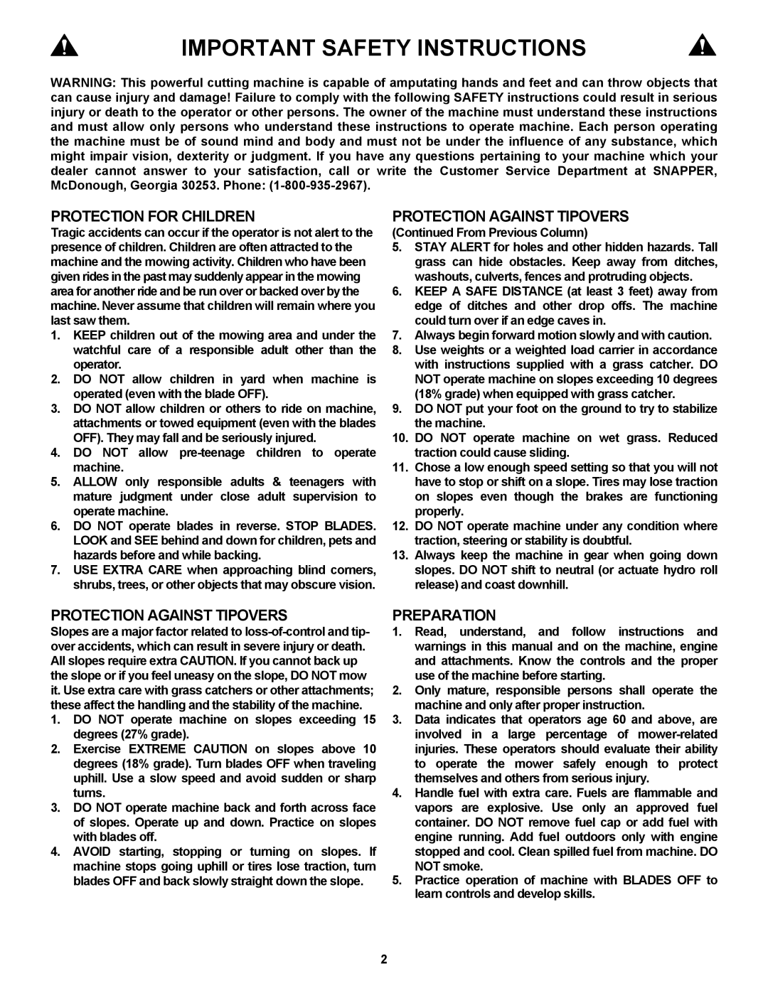 Snapper 421823BVE, 422023BVE important safety instructions Important Safety Instructions, From Previous Column 