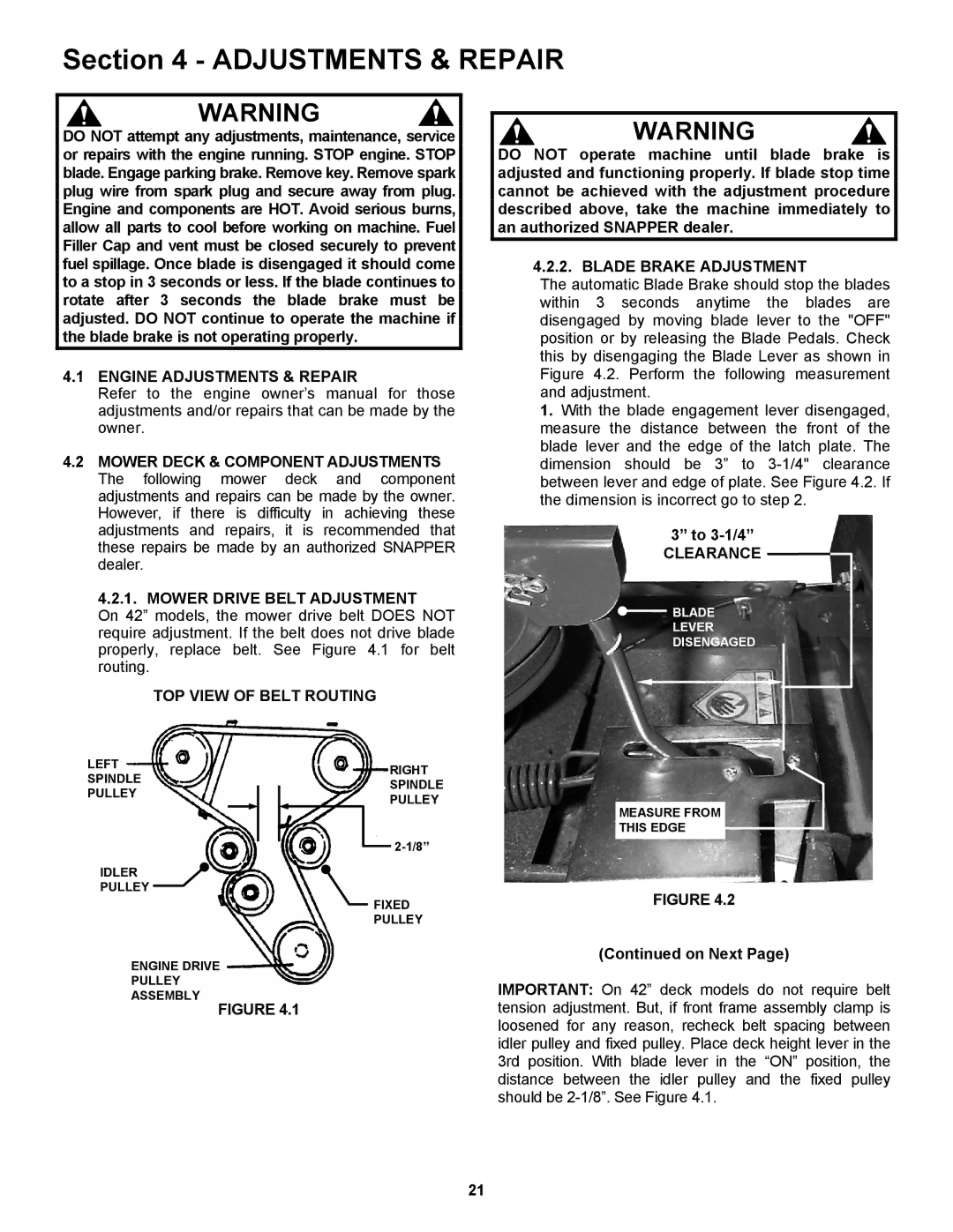 Snapper 421823BVE, 422023BVE Engine Adjustments & Repair, Mower Drive Belt Adjustment, Blade Brake Adjustment, To 3-1/4 