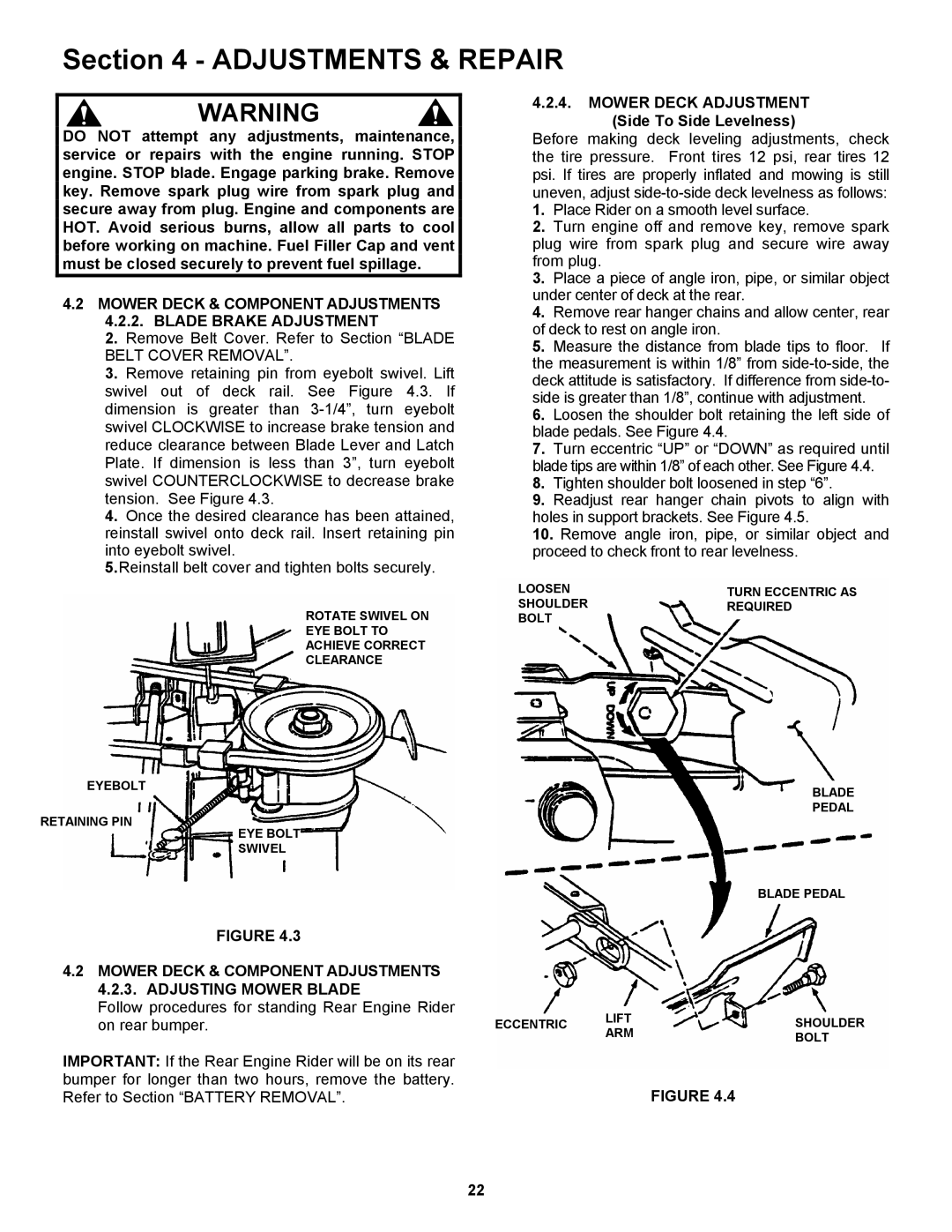 Snapper 421823BVE, 422023BVE Mower Deck & Component Adjustments Blade Brake Adjustment, Mower Deck Adjustment 