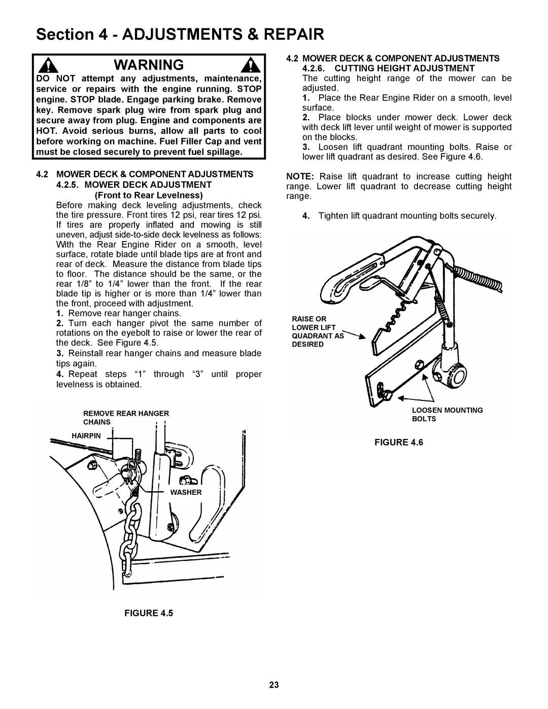 Snapper 421823BVE, 422023BVE important safety instructions Front to Rear Levelness 