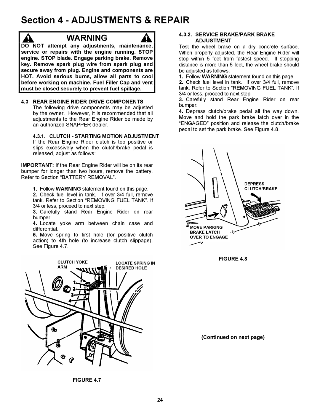 Snapper 421823BVE, 422023BVE important safety instructions Service BRAKE/PARK Brake Adjustment, On next 