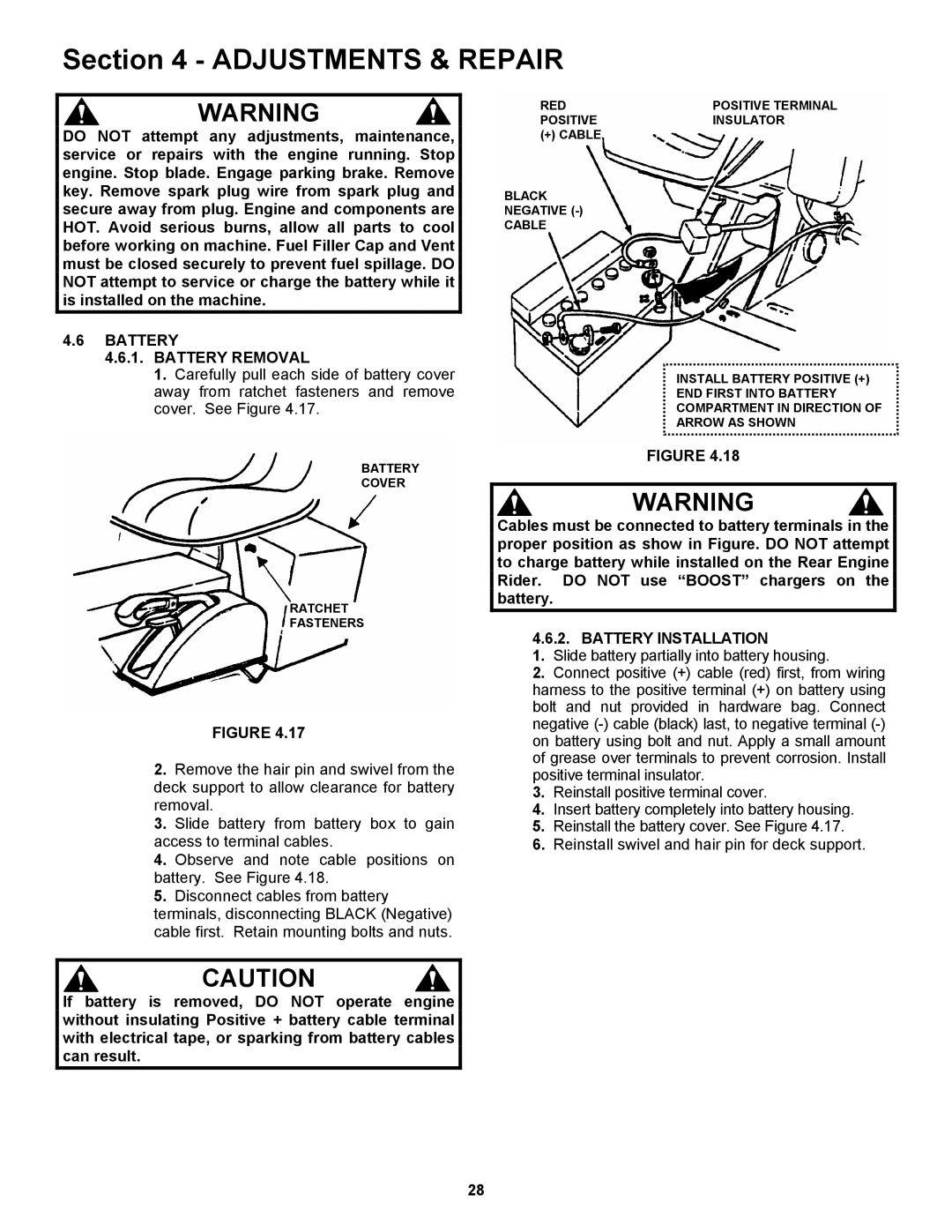 Snapper 421823BVE, 422023BVE important safety instructions Battery Battery Removal, Battery Installation 