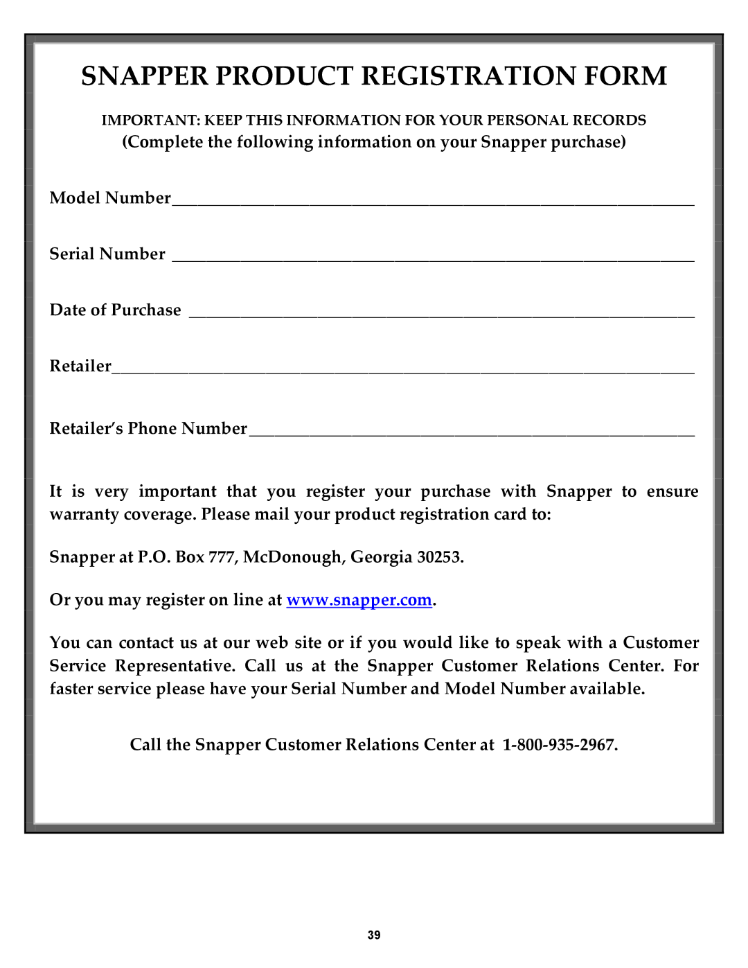 Snapper 421823BVE, 422023BVE important safety instructions Snapper Product Registration Form 