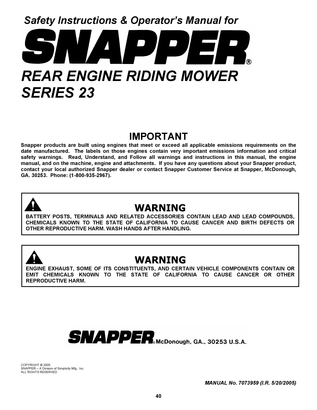 Snapper 421823BVE, 422023BVE important safety instructions Rear Engine Riding Mower Series 