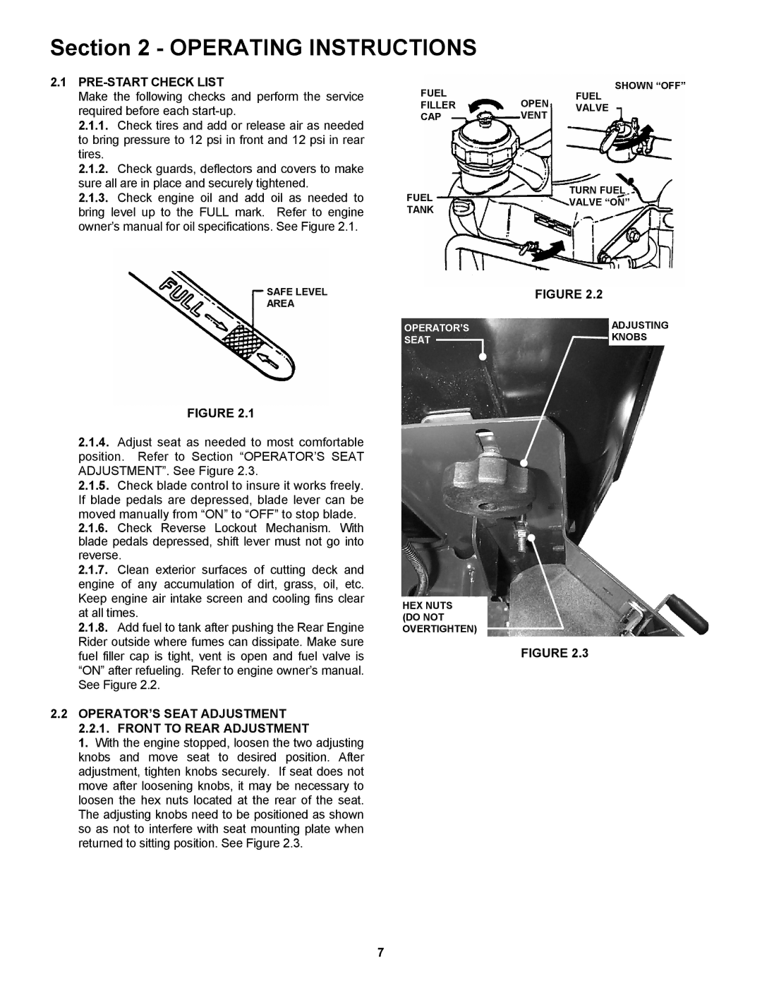 Snapper 421823BVE, 422023BVE PRE-START Check List, OPERATOR’S Seat Adjustment Front to Rear Adjustment 