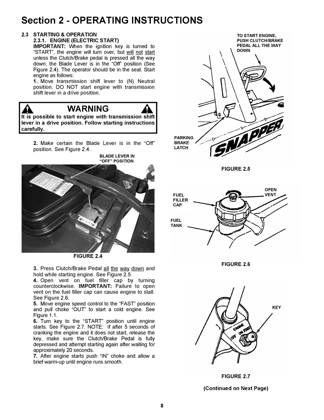 Snapper 421823BVE, 422023BVE important safety instructions Starting & Operation Engine Electric Start, On Next 