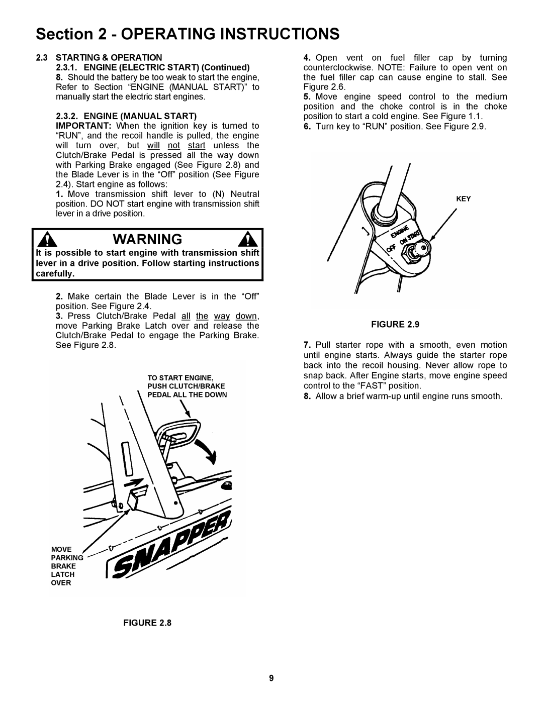 Snapper 421823BVE, 422023BVE important safety instructions Starting & Operation, Engine Manual Start 