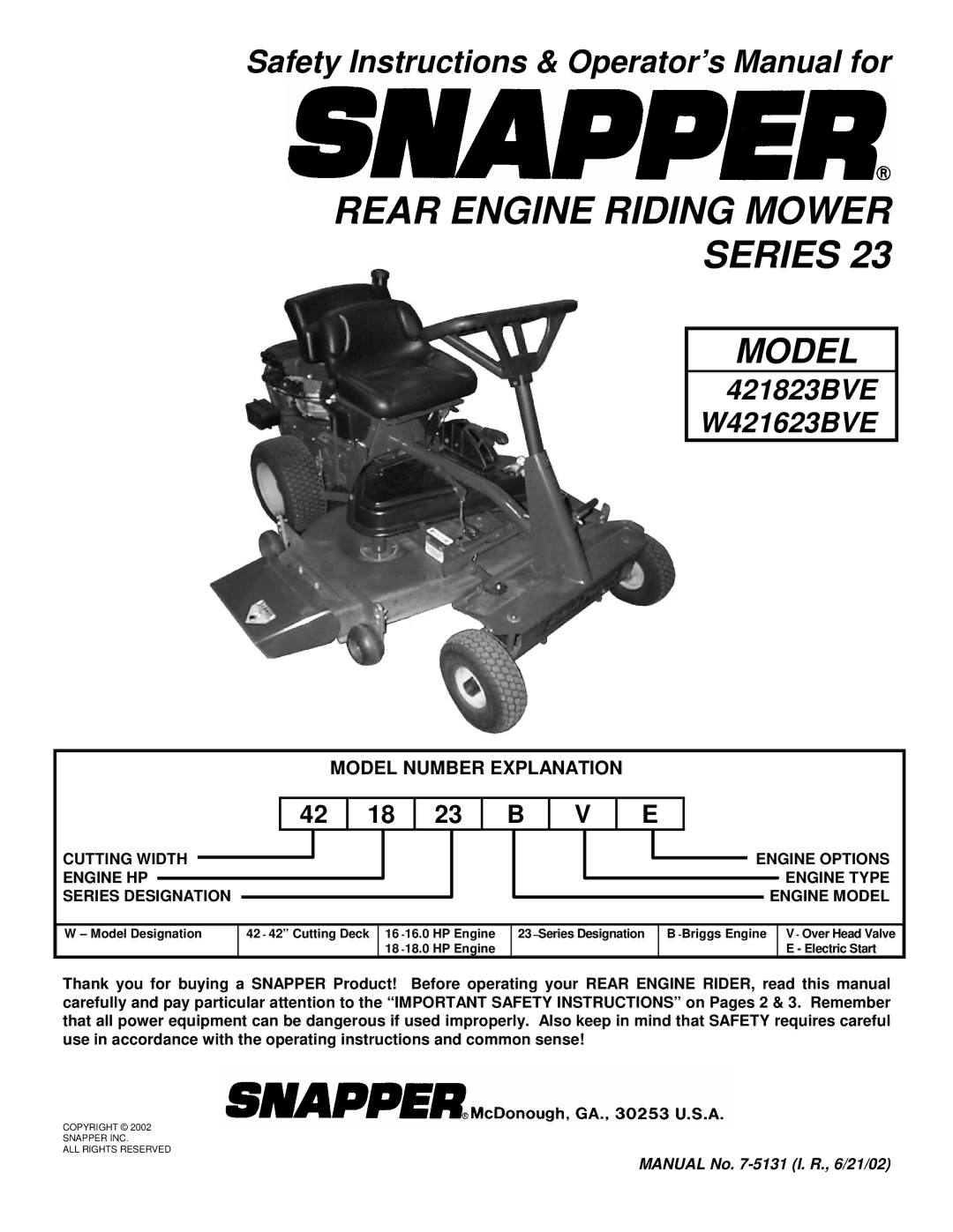 Snapper 421823BVE, W421623BVE important safety instructions Rear Engine Riding Mower Series 