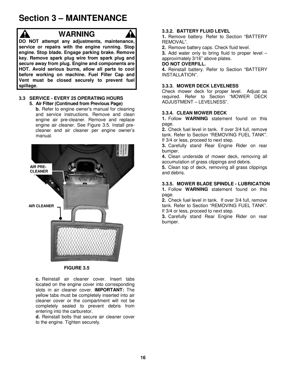 Snapper 421823BVE, W421623BVE Battery Fluid Level, Do not Overfill, Mower Deck Levelness, Clean Mower Deck 