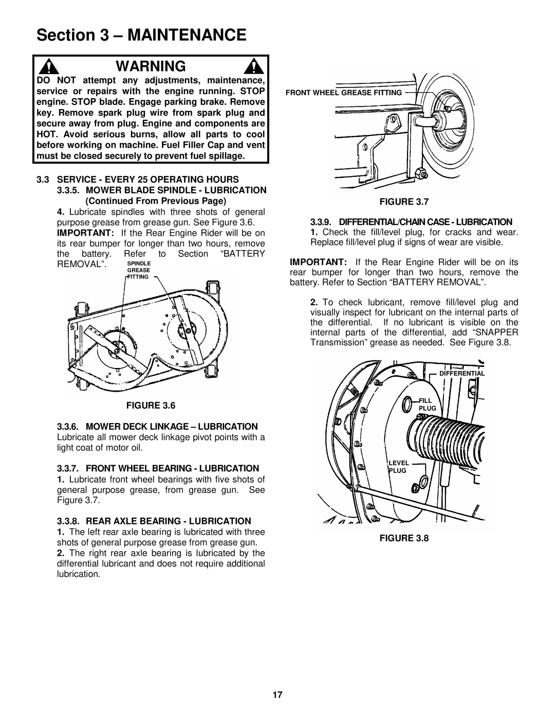 Snapper 421823BVE, W421623BVE Mower Blade Spindle Lubrication From Previous, Rear Axle Bearing Lubrication 