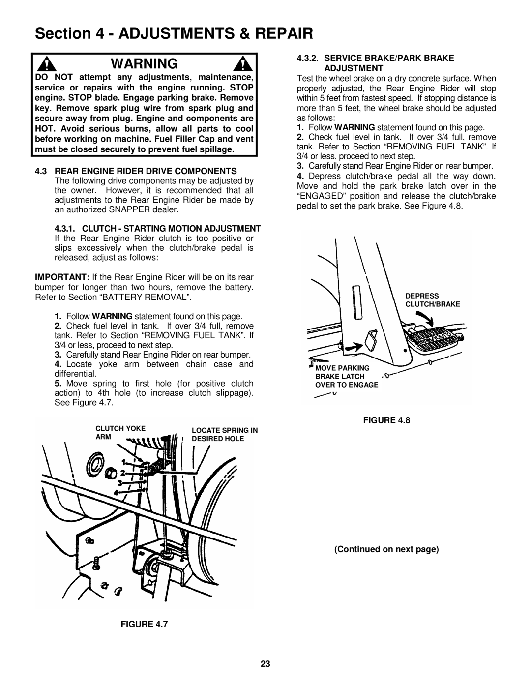 Snapper 421823BVE, W421623BVE important safety instructions Service BRAKE/PARK Brake Adjustment, On next 