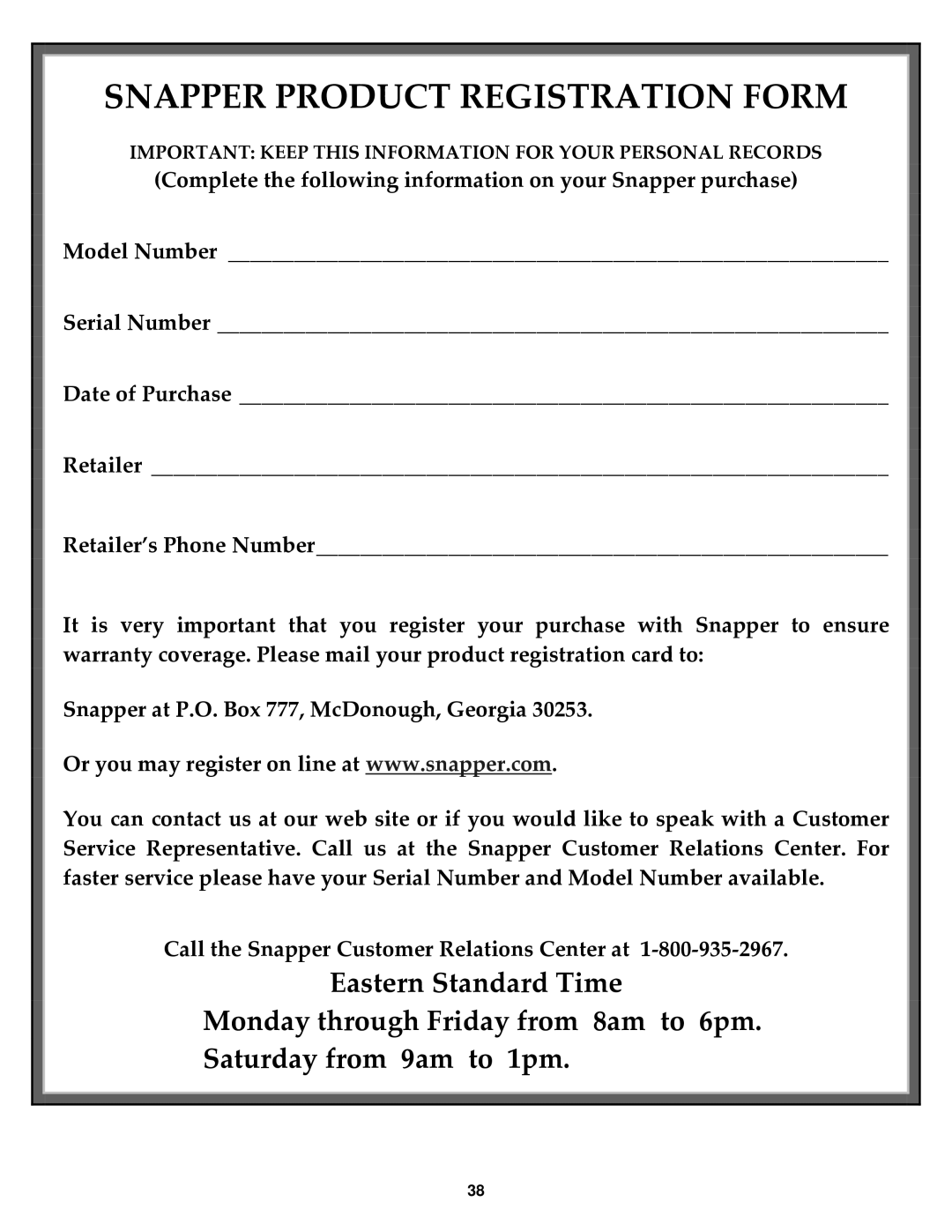 Snapper 421823BVE, W421623BVE important safety instructions Snapper Product Registration Form 