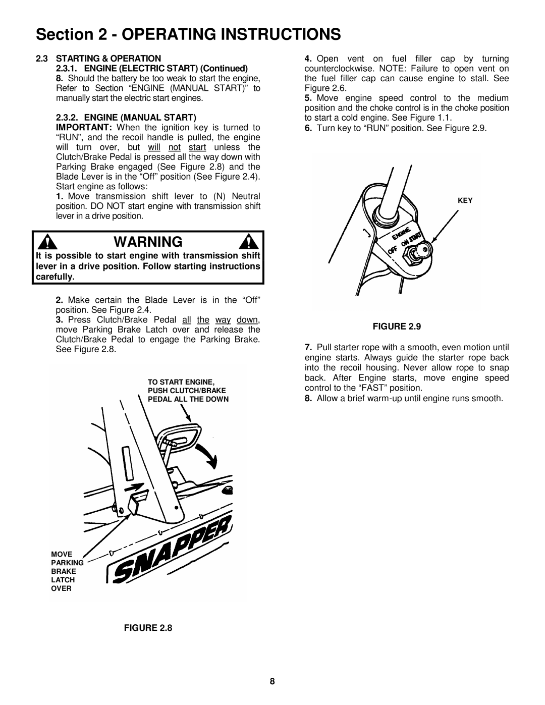 Snapper 421823BVE, W421623BVE Starting & Operation, Engine Electric Start, Engine Manual Start 