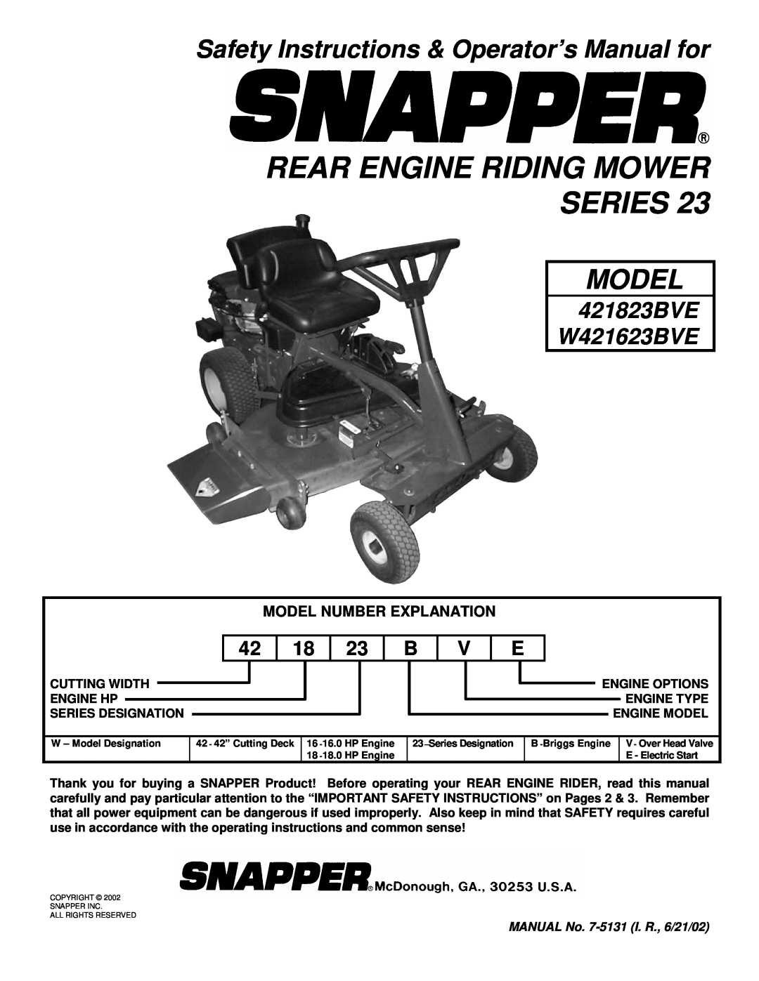 Snapper important safety instructions Safety Instructions & Operator’s Manual for, Model, 421823BVE W421623BVE 