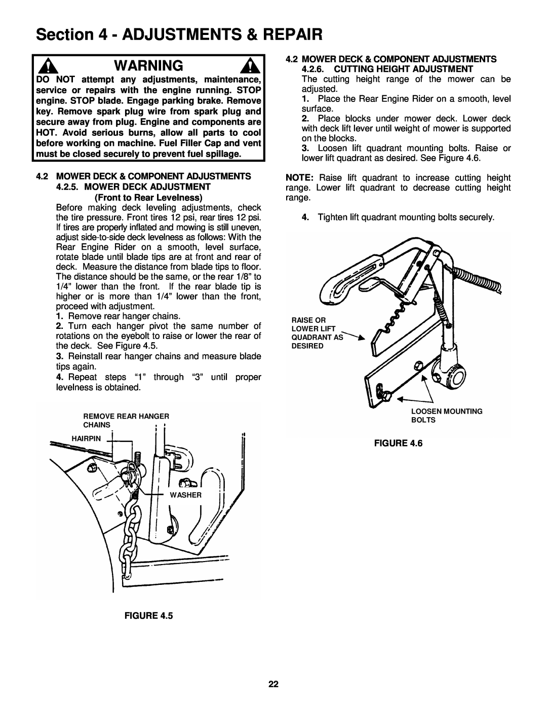 Snapper 421823BVE, W421623BVE important safety instructions Adjustments & Repair, Remove rear hanger chains 