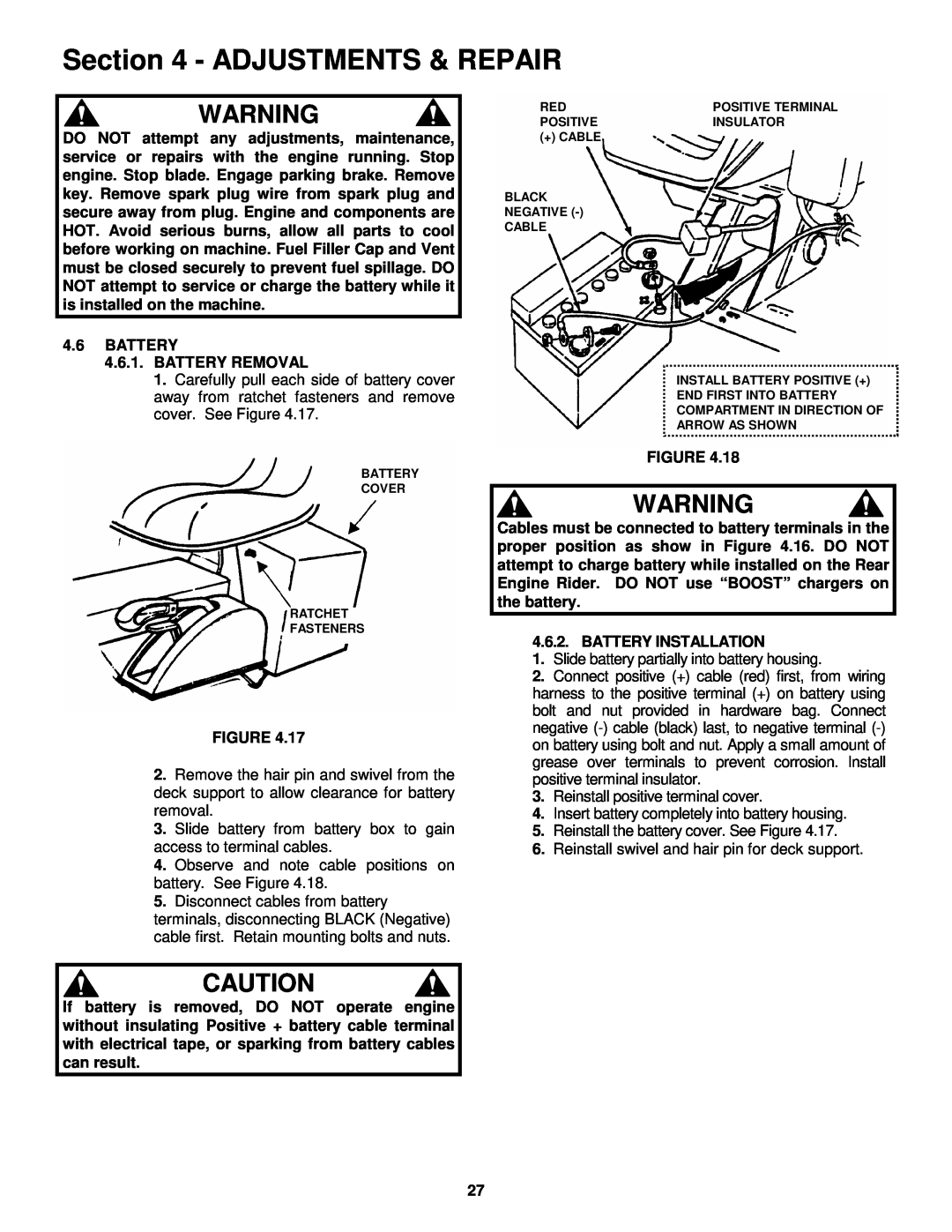Snapper 421823BVE, W421623BVE important safety instructions Adjustments & Repair, BATTERY 4.6.1. BATTERY REMOVAL 