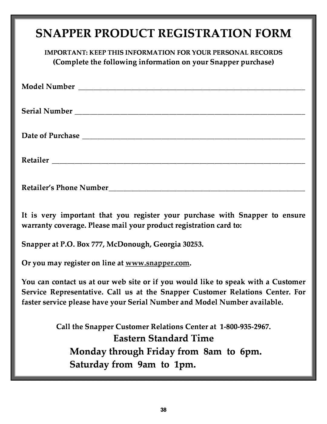Snapper 421823BVE, W421623BVE important safety instructions Snapper Product Registration Form, Saturday from 9am to 1pm 