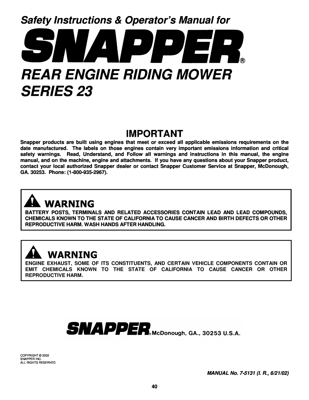 Snapper 421823BVE, W421623BVE Rear Engine Riding Mower Series, Safety Instructions & Operator’s Manual for 
