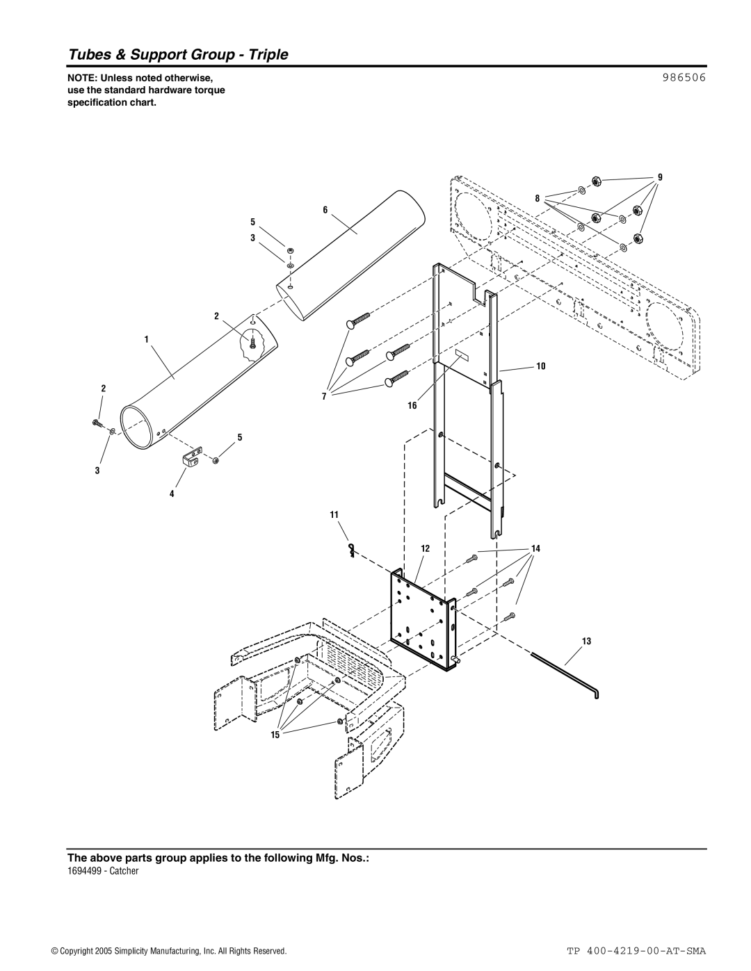 Snapper 4219 manual Tubes & Support Group Triple, 986506 