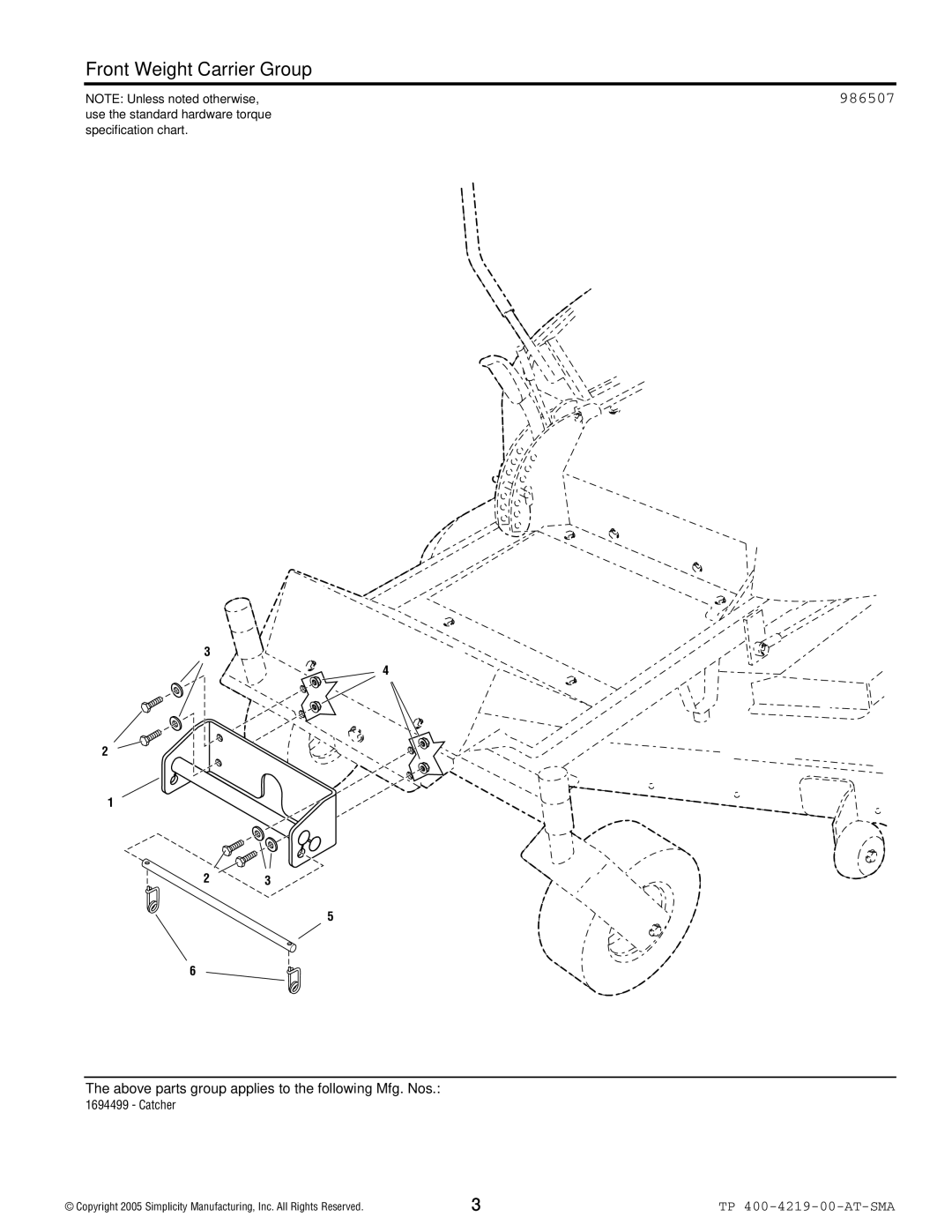 Snapper 4219 manual Front Weight Carrier Group, 986507 