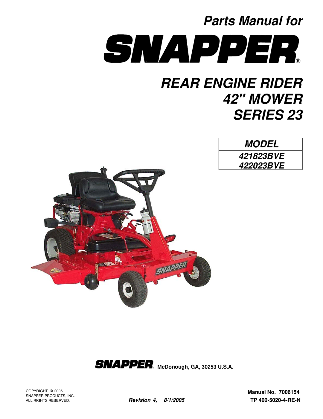 Snapper 422023BVE manual Rear Engine Rider 42 Mower Series 