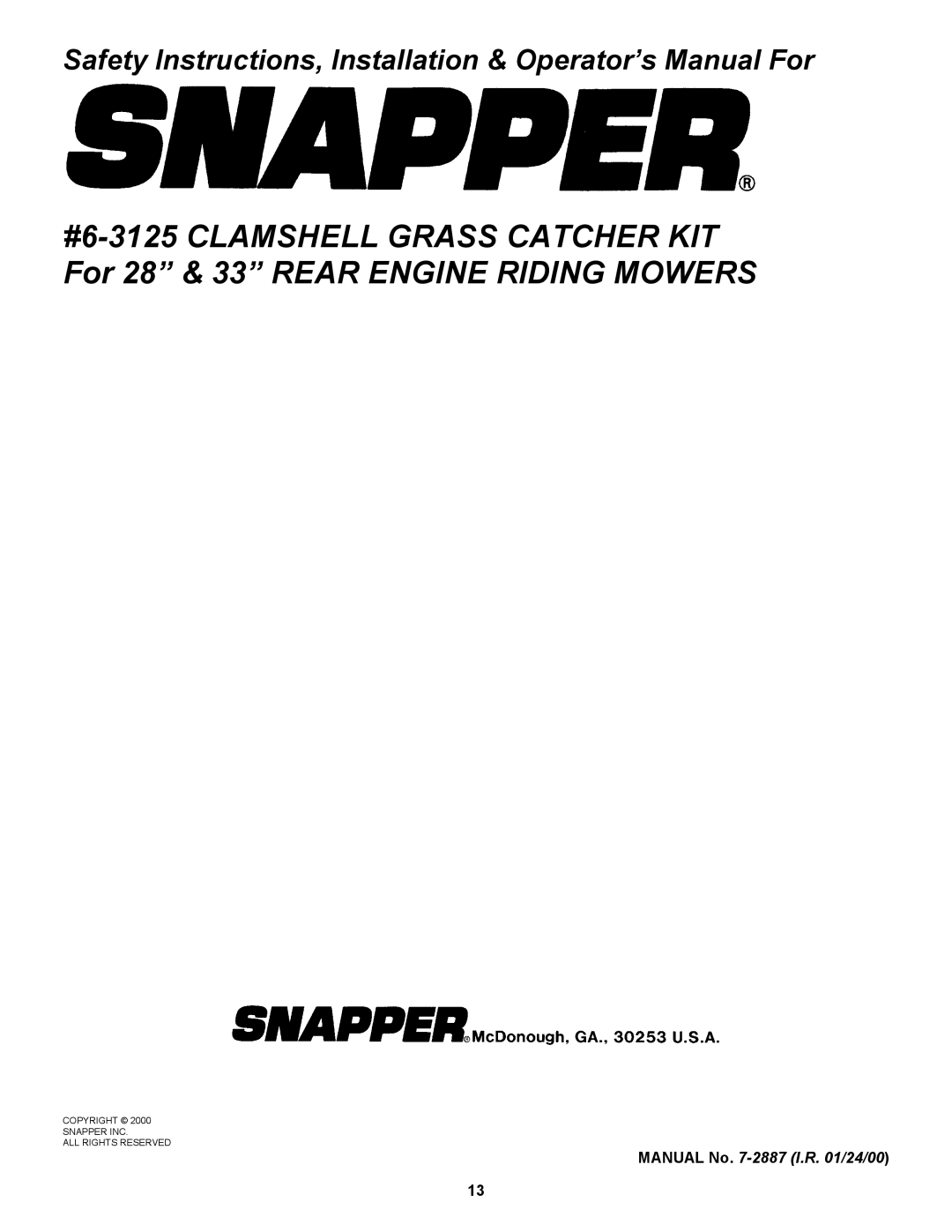 Snapper 447575 manual Safety Instructions, Installation & Operator’s Manual For 