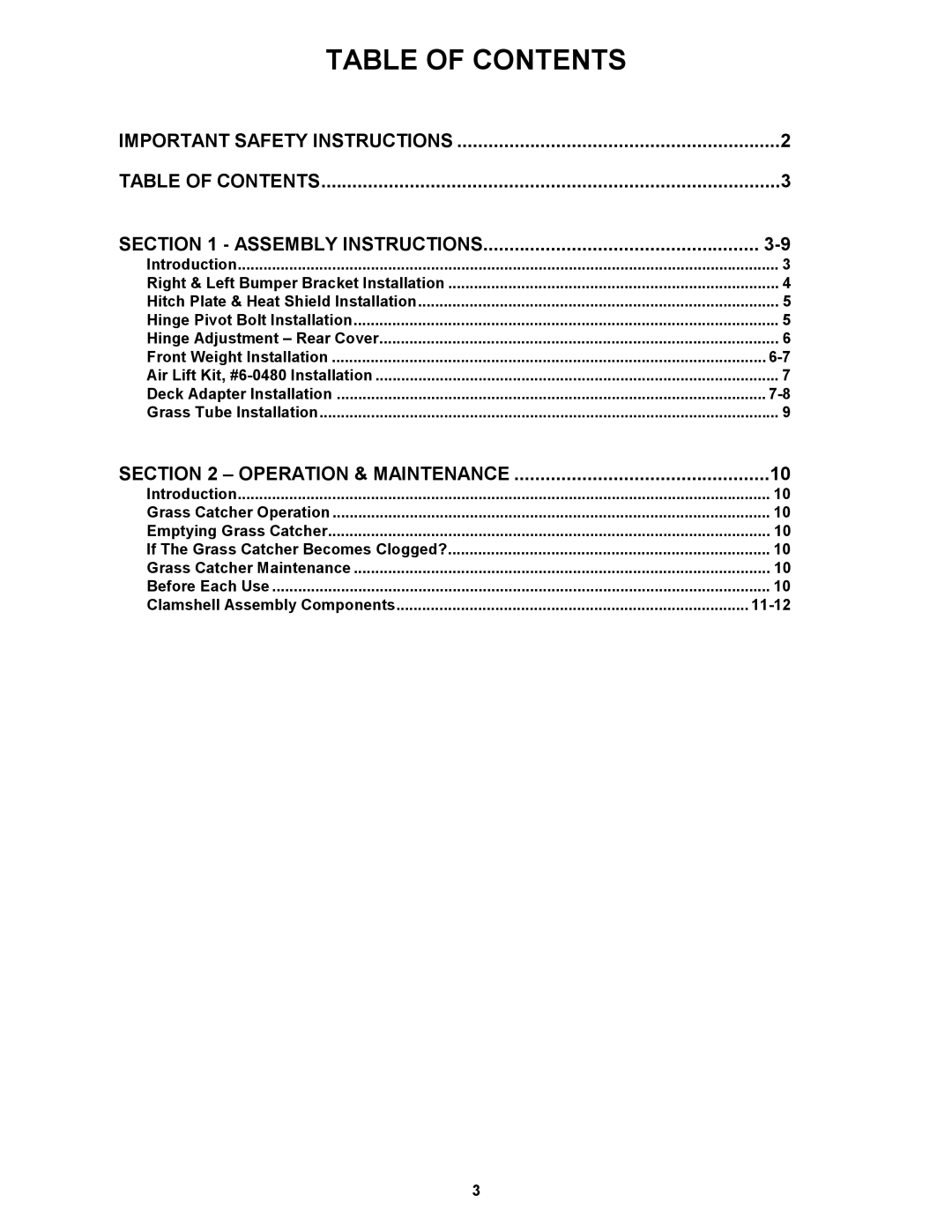 Snapper 447575 manual Table of Contents 