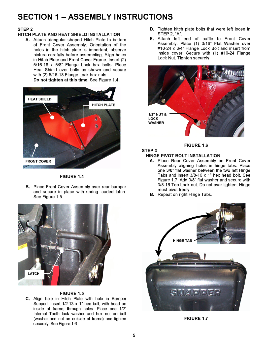 Snapper 447575 manual Step Hitch Plate and Heat Shield Installation, Step Hinge Pivot Bolt Installation 