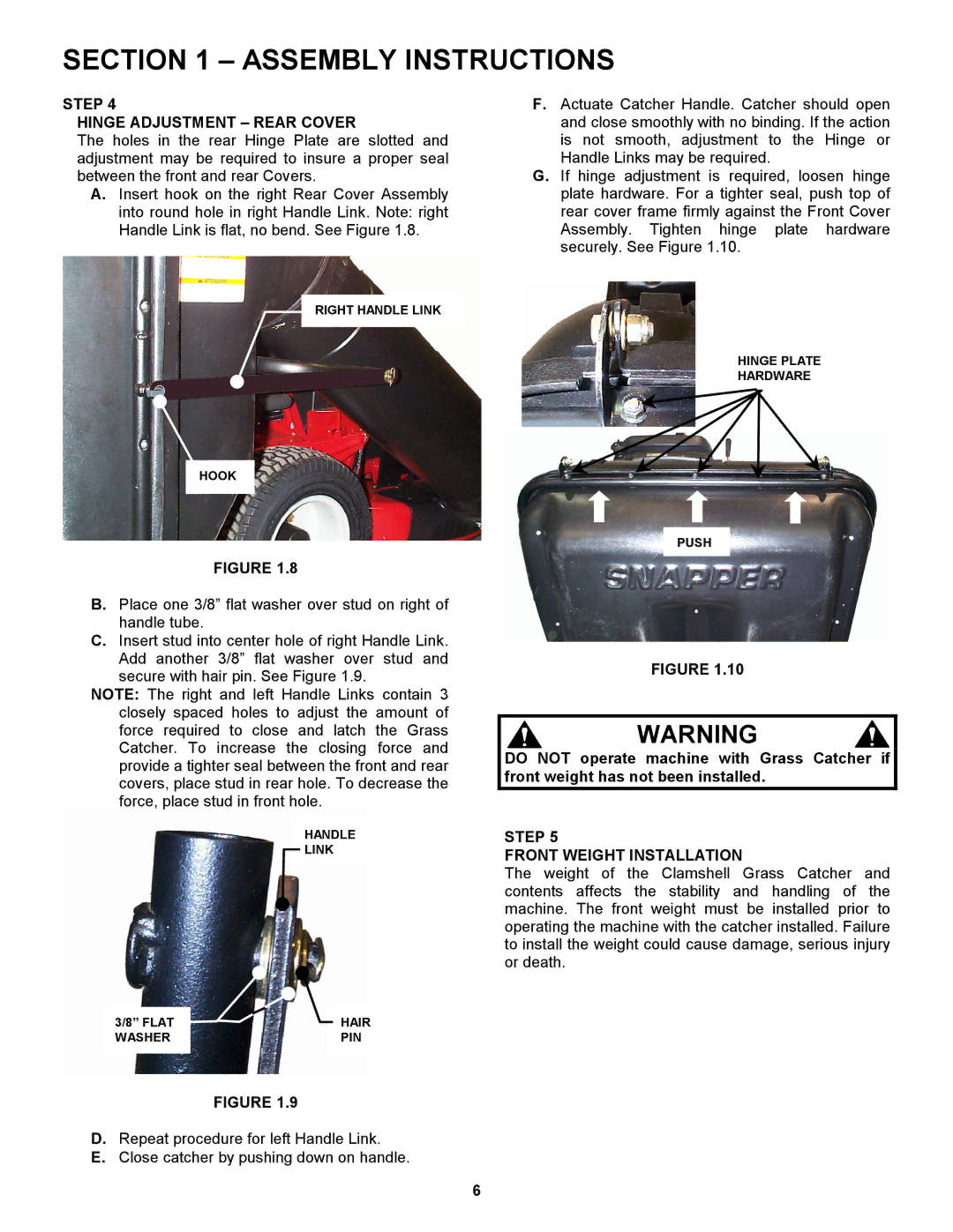 Snapper 447575 manual Step Hinge Adjustment Rear Cover, Step Front Weight Installation 