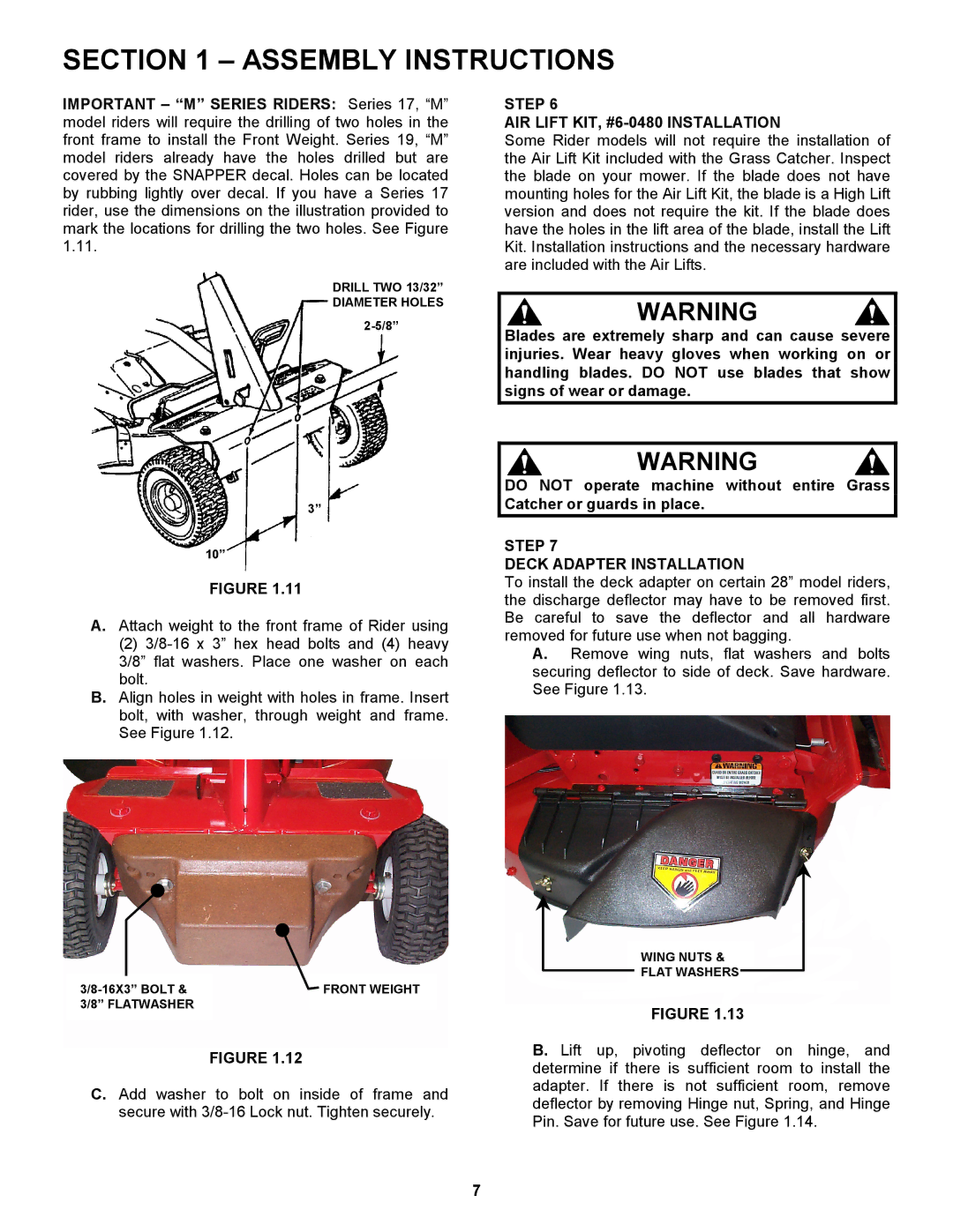 Snapper 447575 manual Step AIR Lift KIT, #6-0480 Installation, Step Deck Adapter Installation 