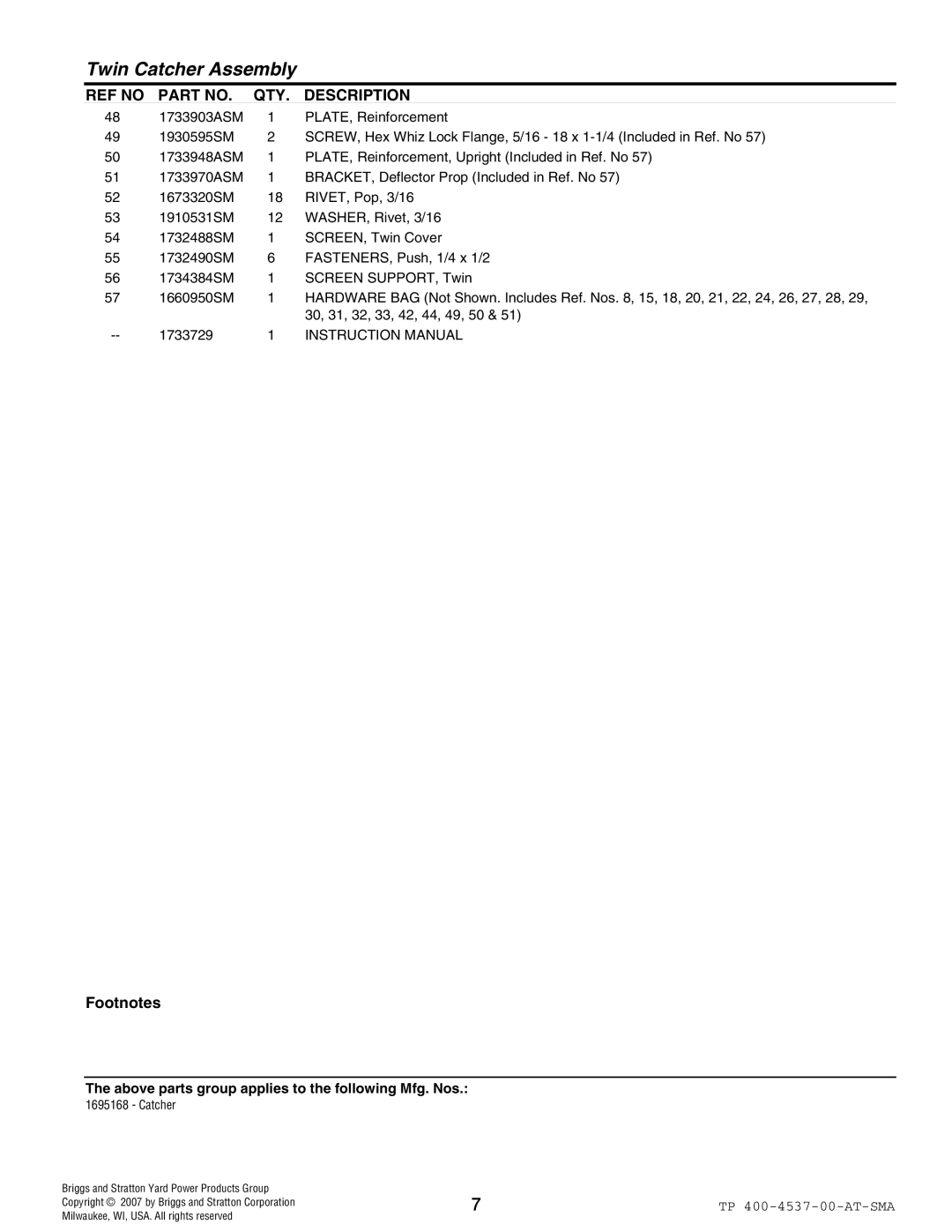 Snapper 4531 manual Twin Catcher Assembly 