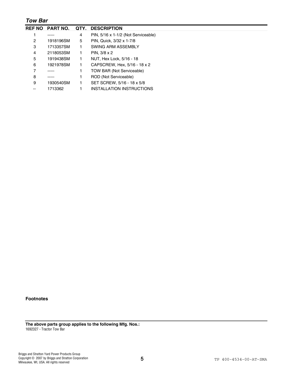 Snapper 4534 manual Swing ARM Assembly, Installation Instructions 