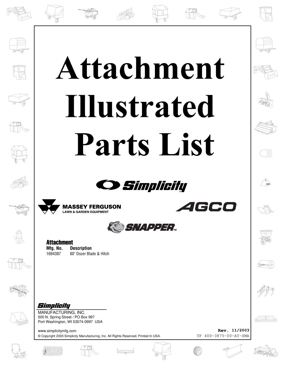 Snapper 4542 manual Mfg. No. Description, TP 400-3875-00-AT-SMA, Attachment Illustrated Parts List, Rev. 11/2003 