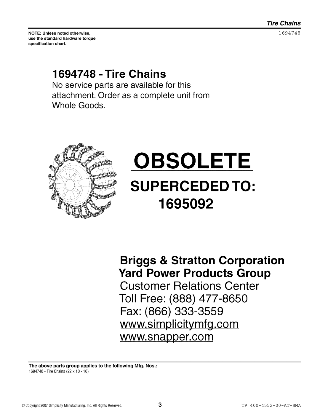 Snapper 4552 Tire Chains, NOTE Unless noted otherwise, use the standard hardware torque, specification chart, 1694748 