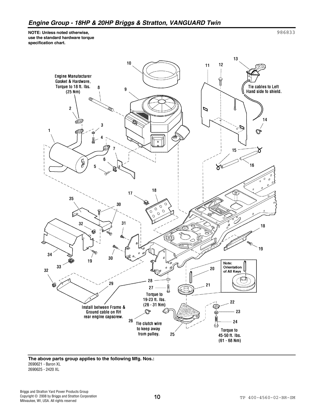 Snapper 4560 manual Engine Group 18HP & 20HP Briggs & Stratton, Vanguard Twin, 986833 