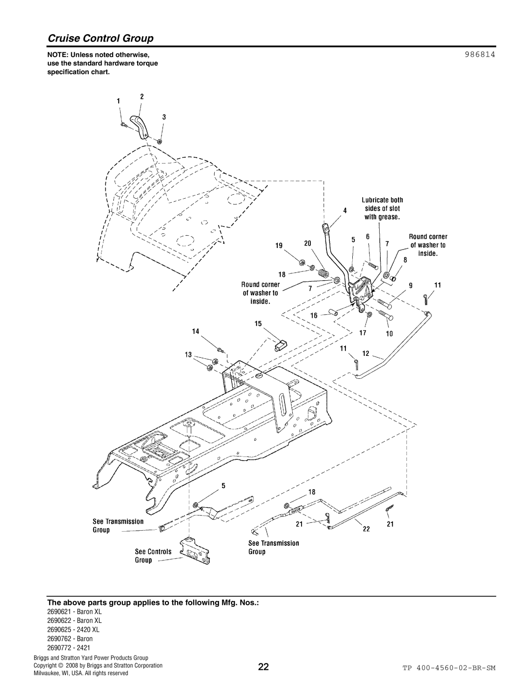 Snapper 4560 manual Cruise Control Group, 986814 