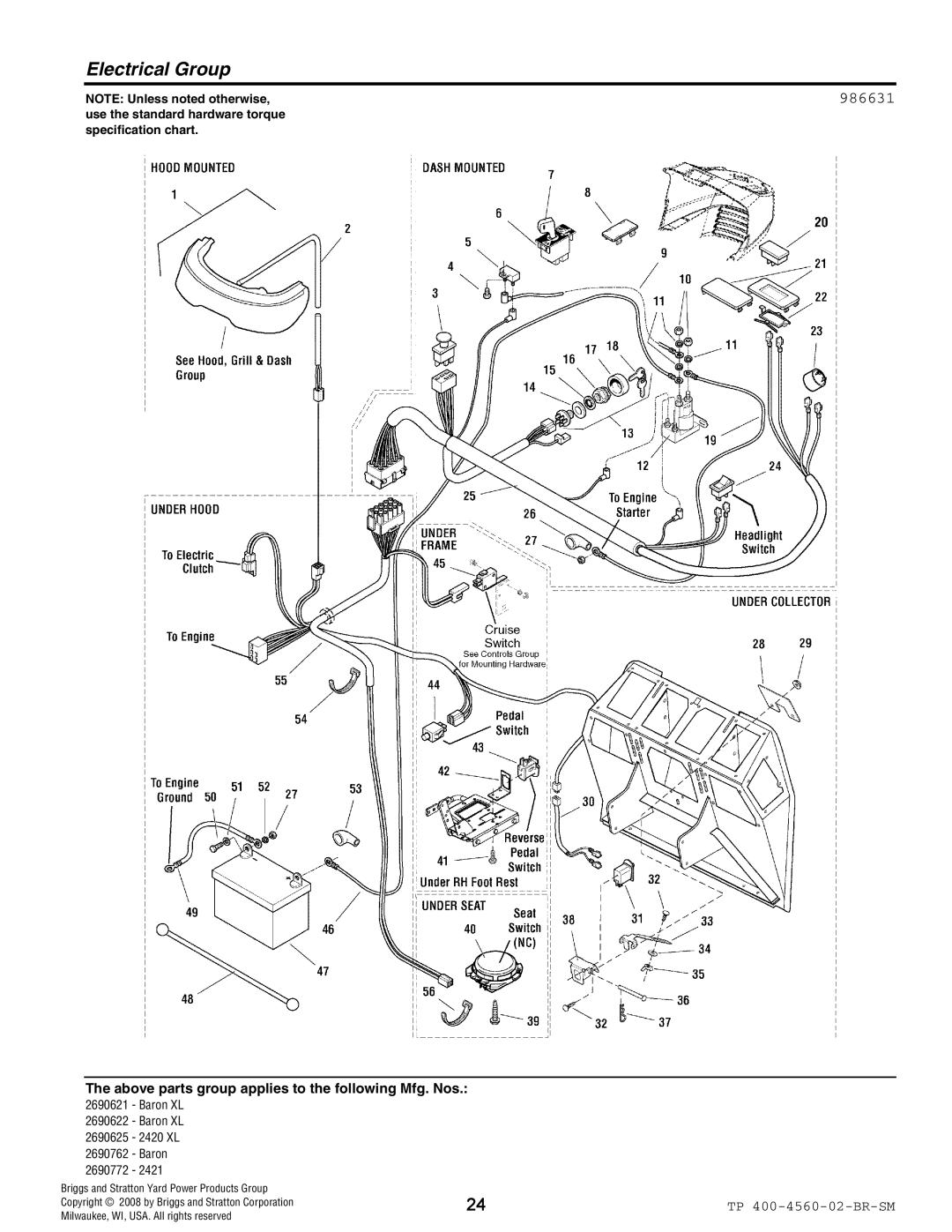 Snapper 4560 manual Electrical Group, 986631 