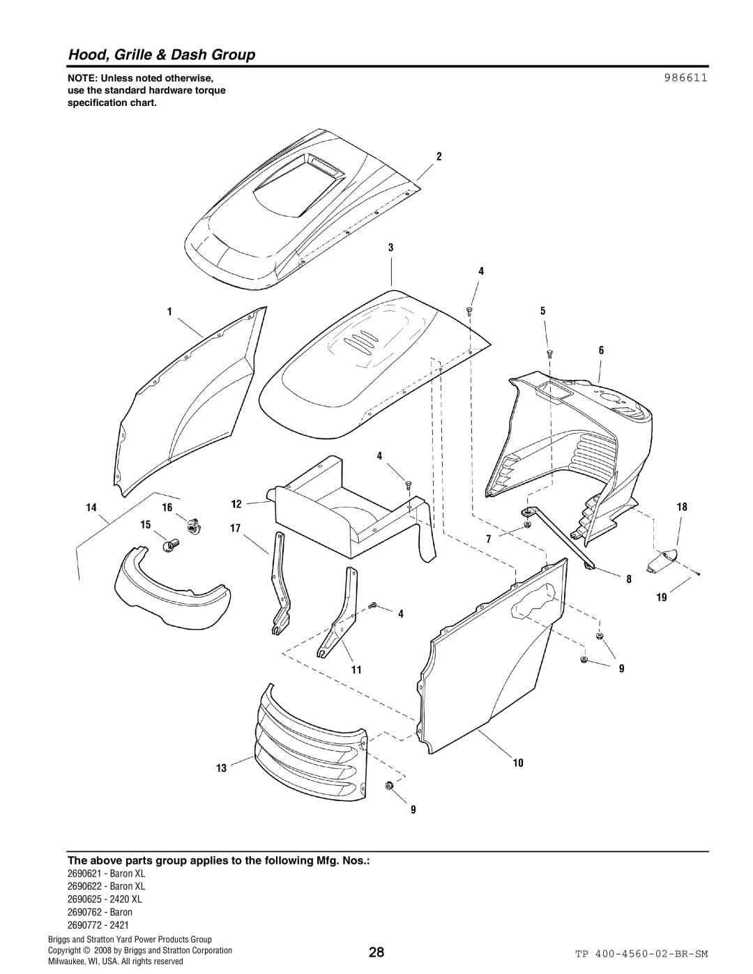 Snapper 4560 manual Hood, Grille & Dash Group, 986611 