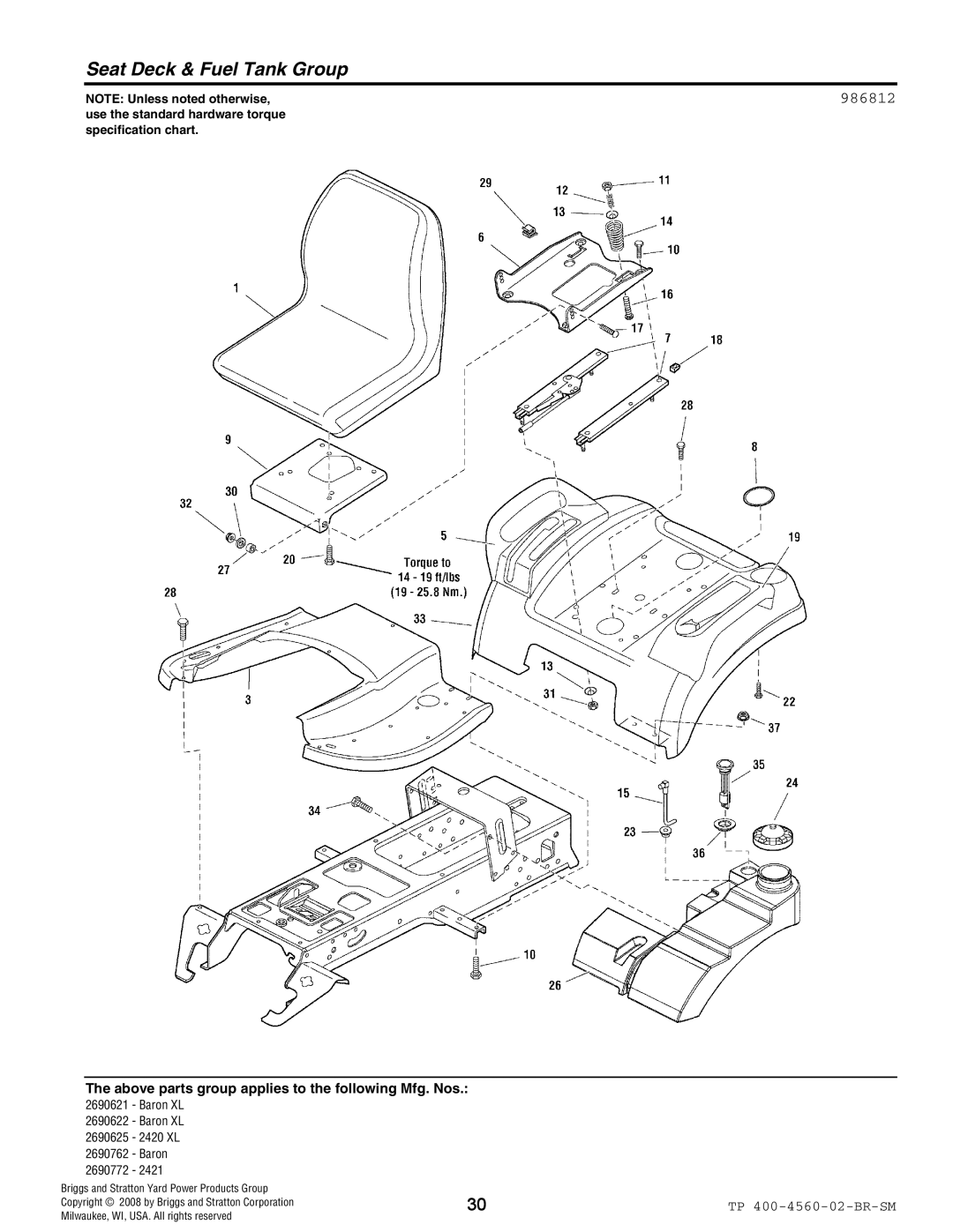 Snapper 4560 manual Seat Deck & Fuel Tank Group, 986812 