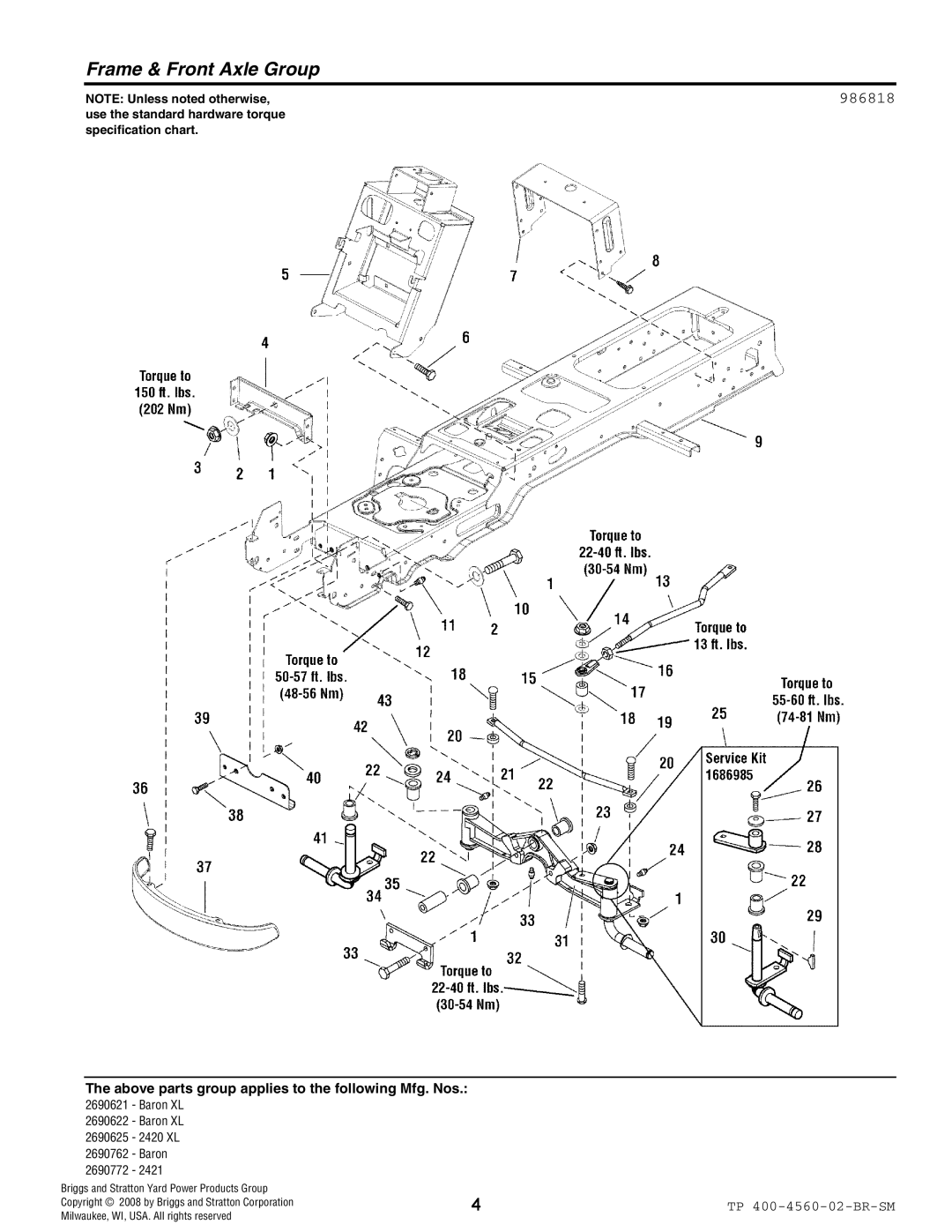 Snapper 4560 manual Frame & Front Axle Group, 986818 