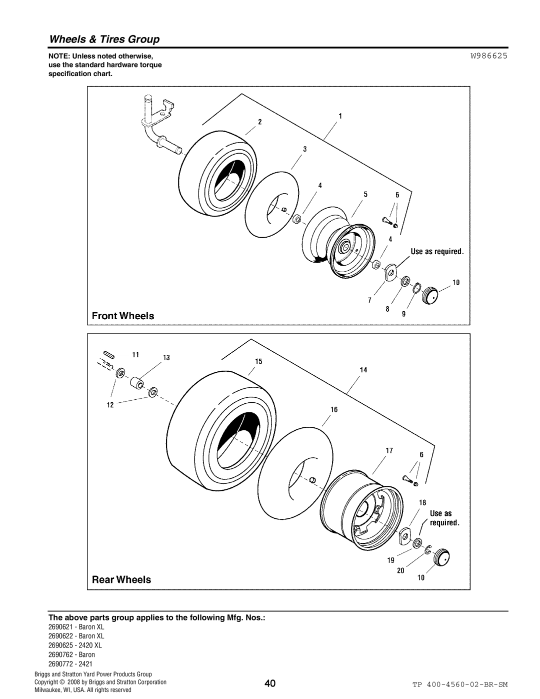 Snapper 4560 manual Wheels & Tires Group, W986625 