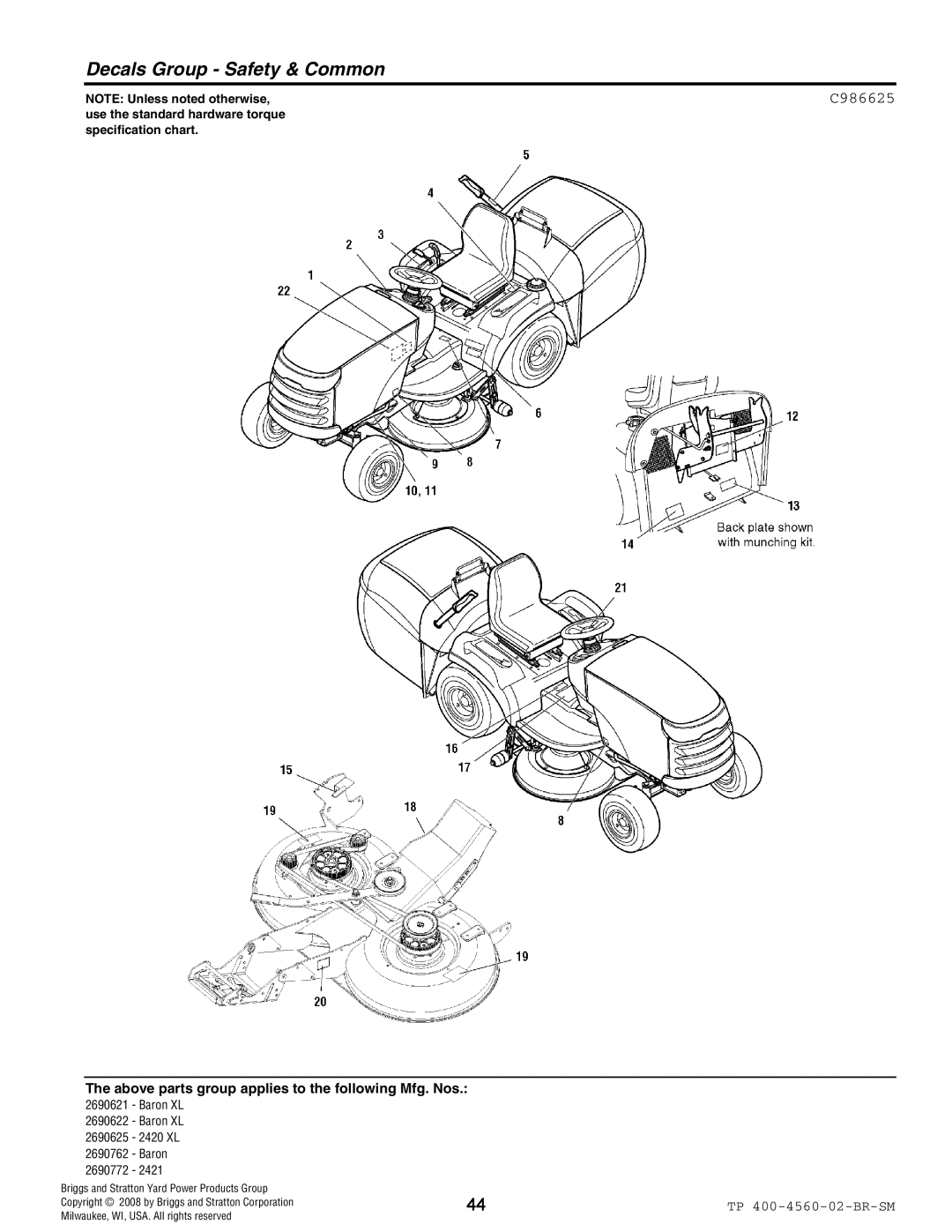 Snapper 4560 manual Decals Group Safety & Common, C986625 