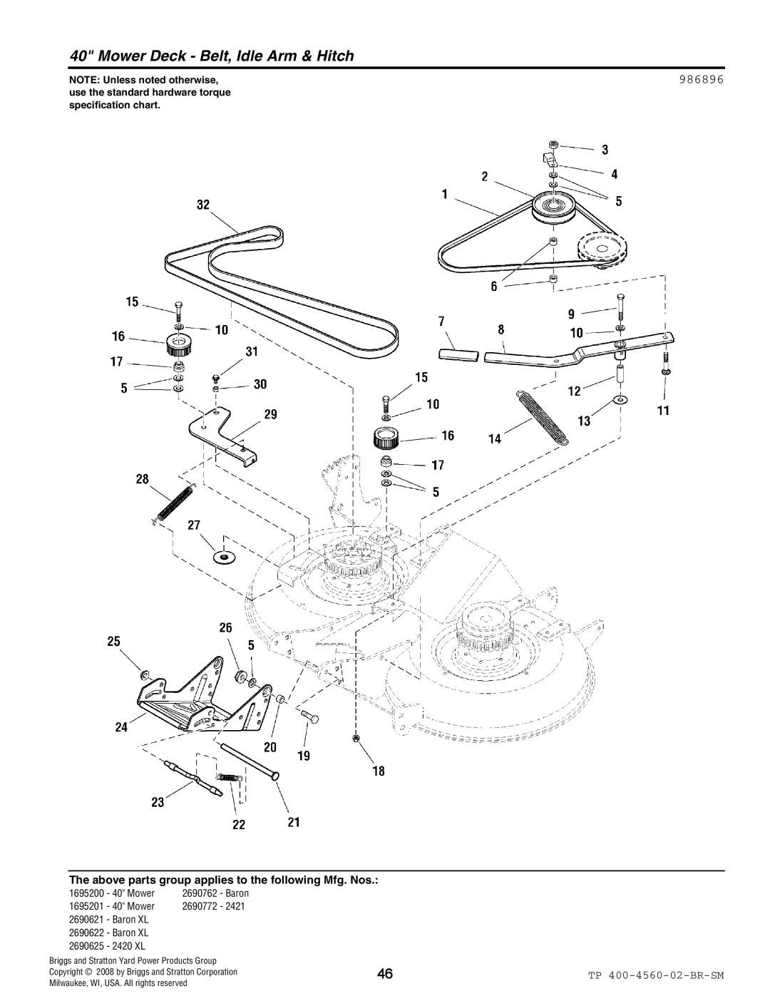 Snapper 4560 manual Mower Deck Belt, Idle Arm & Hitch, 986896 