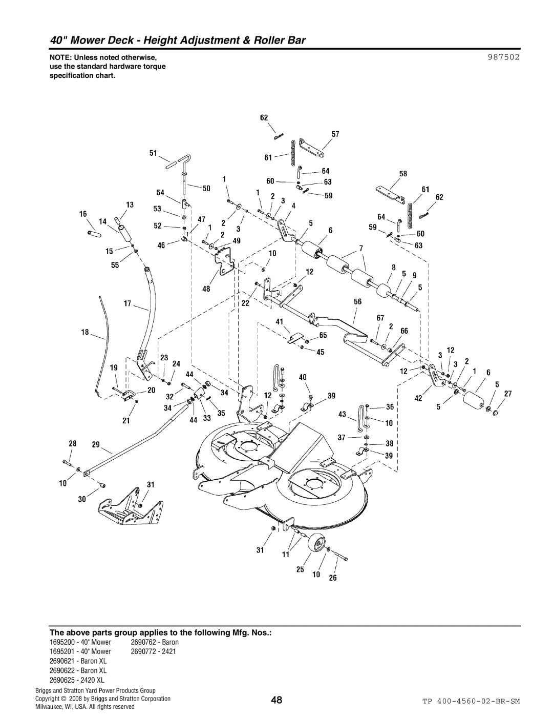 Snapper 4560 manual Mower Deck Height Adjustment & Roller Bar, 987502 