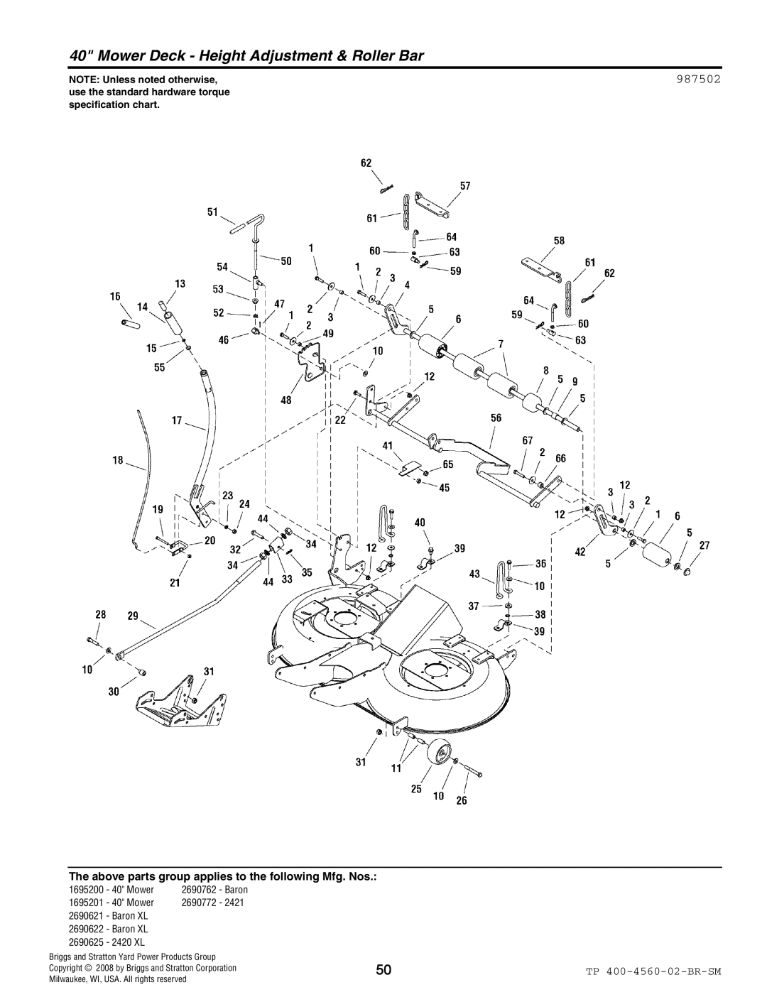 Snapper 4560 manual Mower Deck Height Adjustment & Roller Bar 