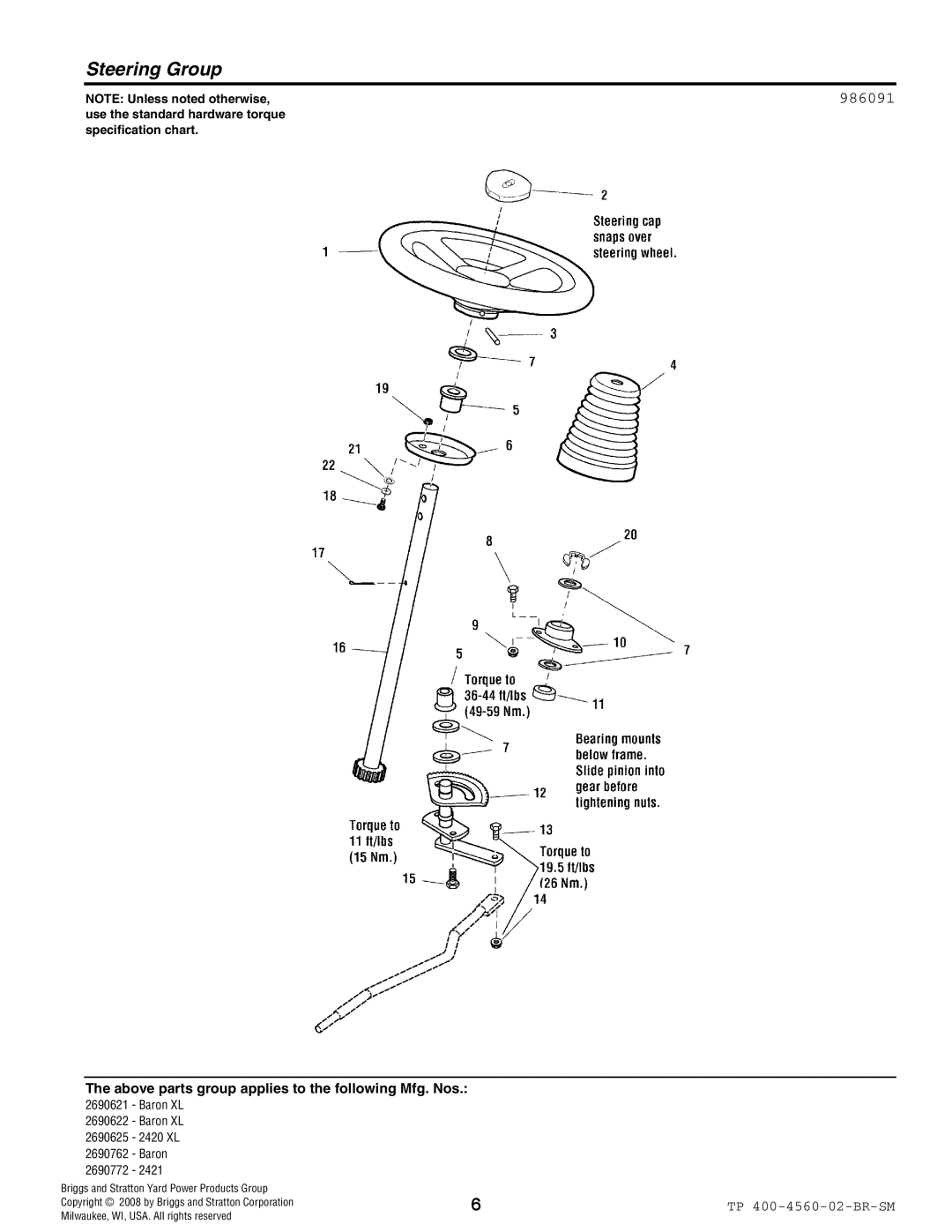 Snapper 4560 manual Steering Group, 986091 