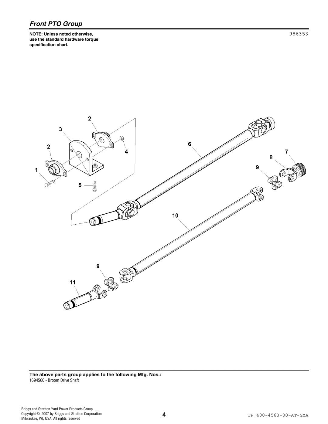 Snapper 4563 manual Front PTO Group, Above parts group applies to the following Mfg. Nos 