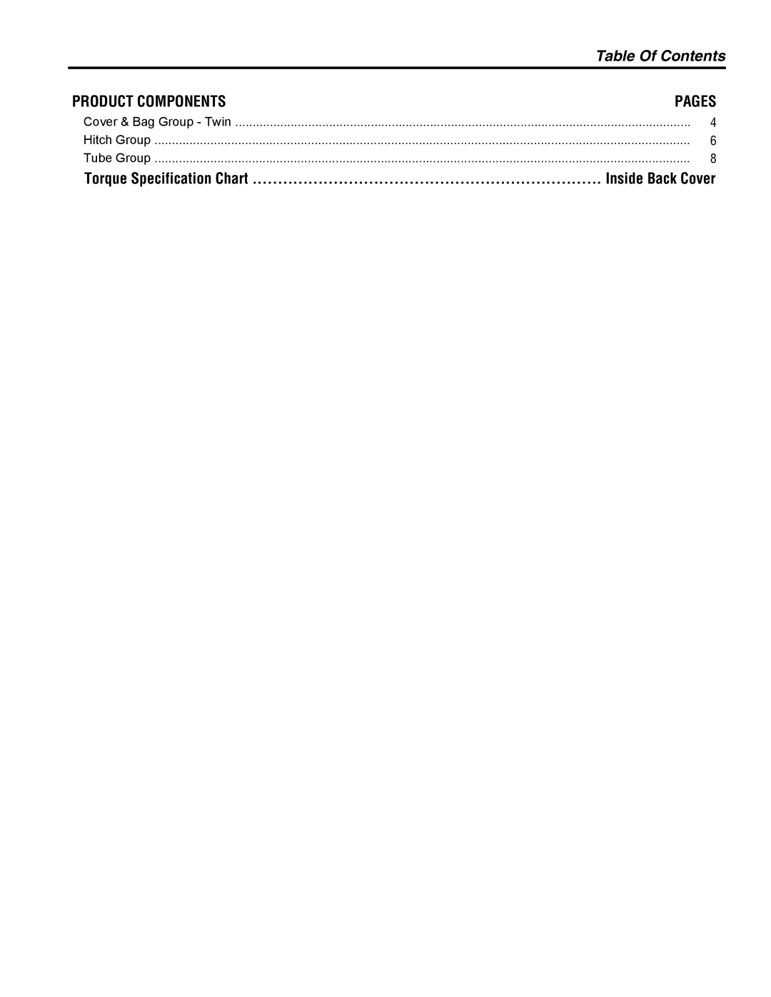 Snapper 4564 manual Table Of Contents, Torque Specification Chart 